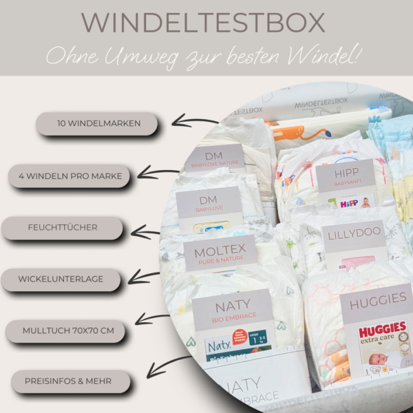 Auflistung über Inhalte der DM Windeltestbox