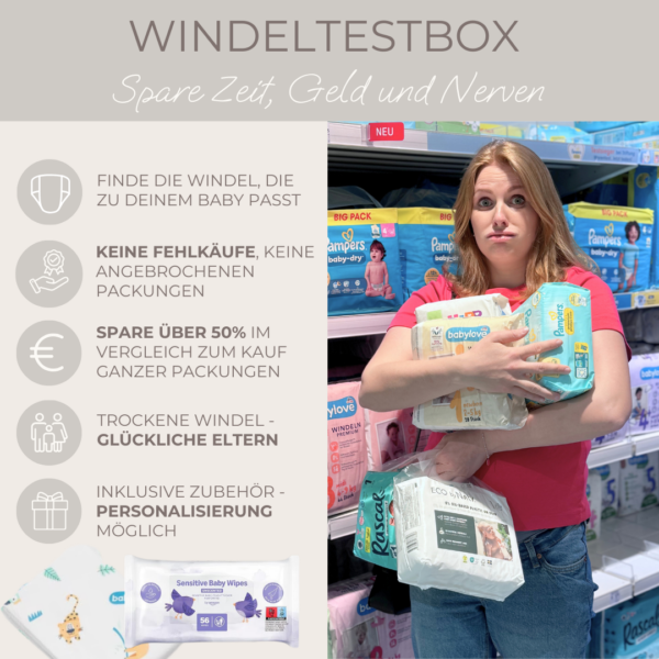 Schwangere mit Windelpackungen in der Hand, vor einem Windelregal