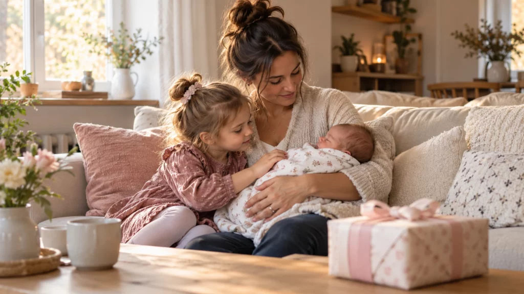 Mutter mit zwei Kindern auf Sofa