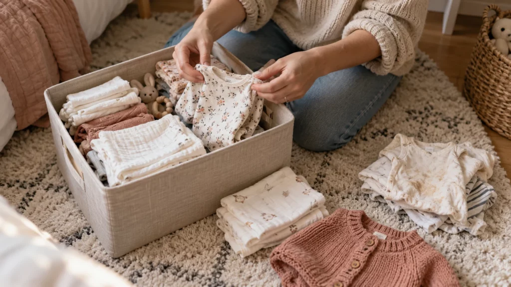 Frau sortiert Babykleidung in Kiste.