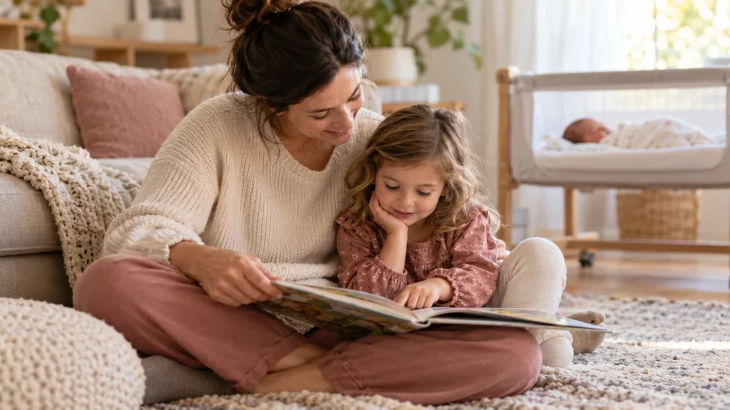 Mutter liest Buch mit älterem Geschwisterkind. Frisch geborenes Baby im Hintergrund schläft.