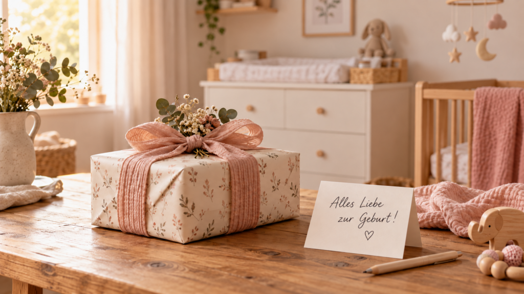 Geschenk zur Geburt auf Tisch