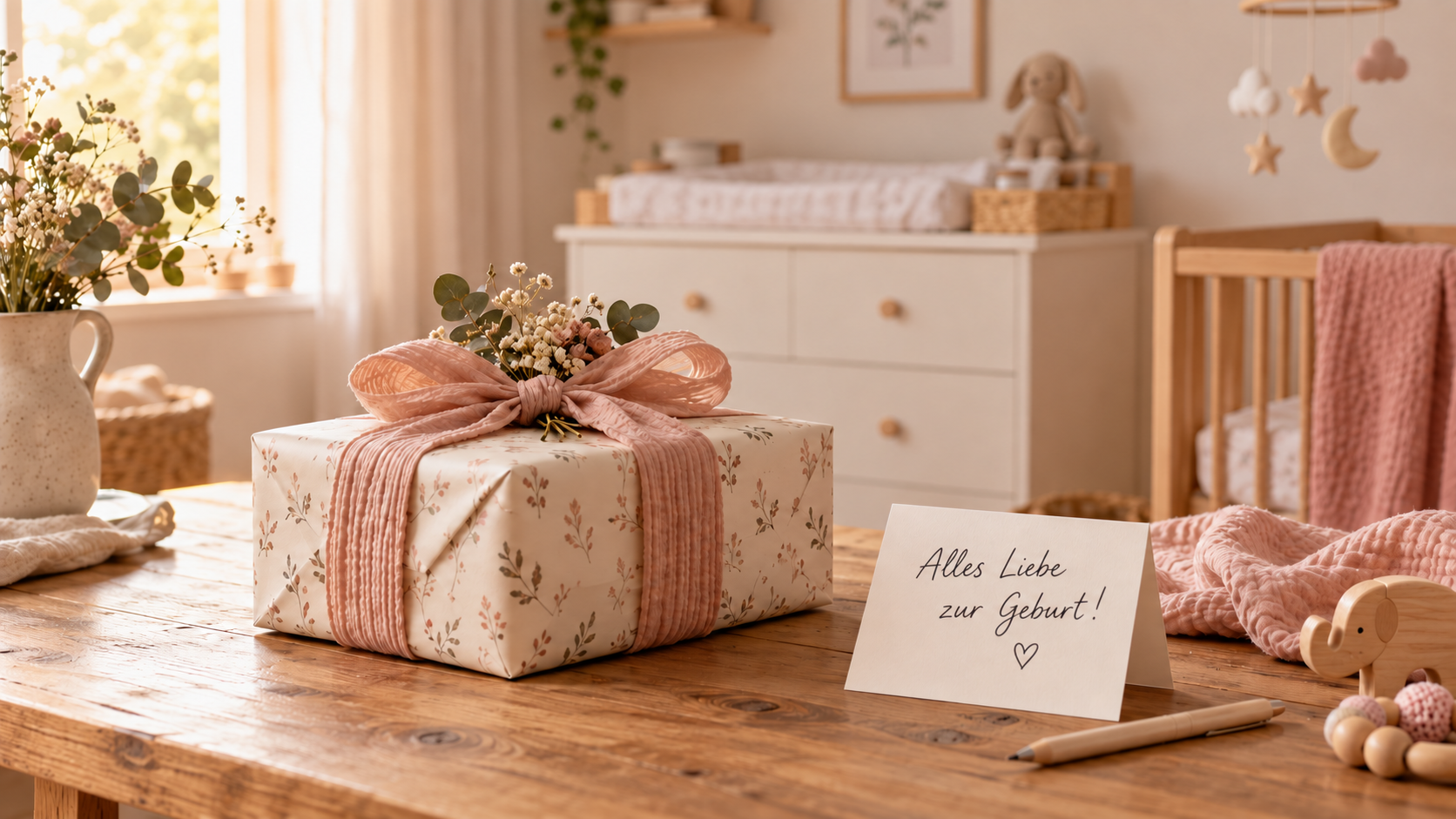 Geschenk zur Geburt auf Tisch