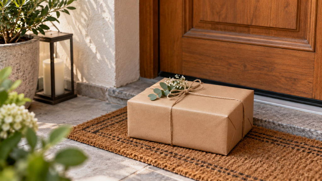 Geschenkpaket vor der Haustür