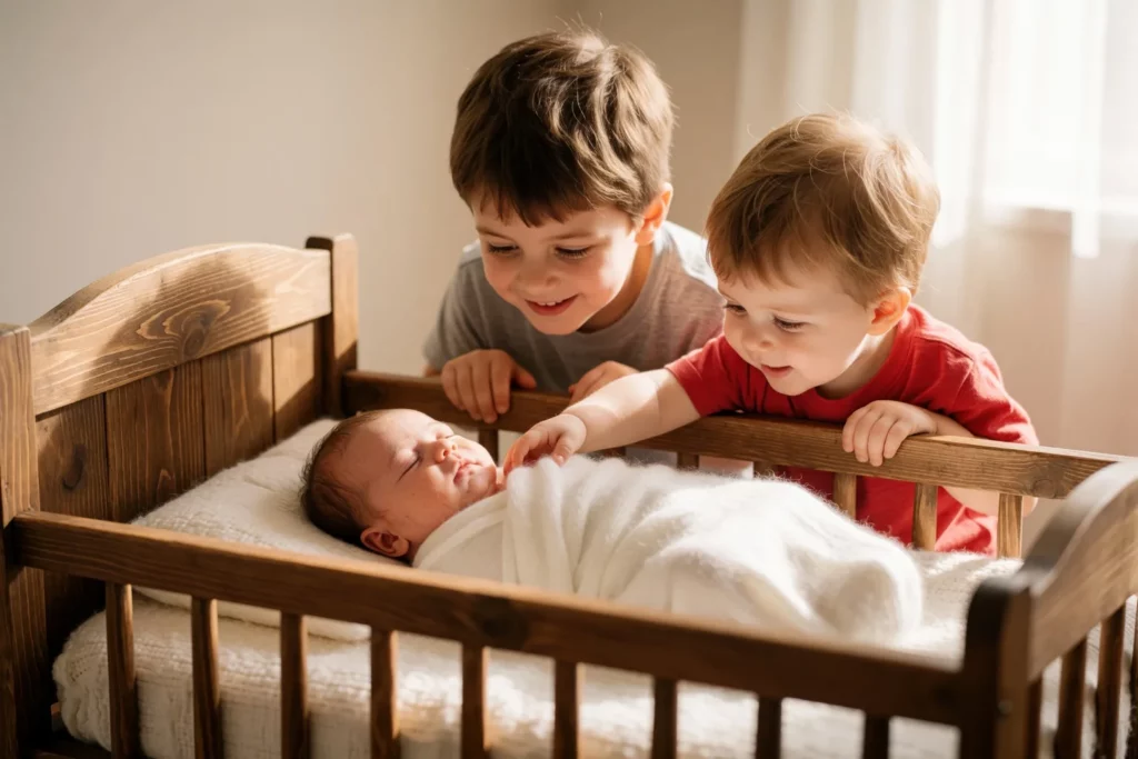 Zwei Brüder schauen lächelnd in ein Babybett mit schlafendem Neugeborenen