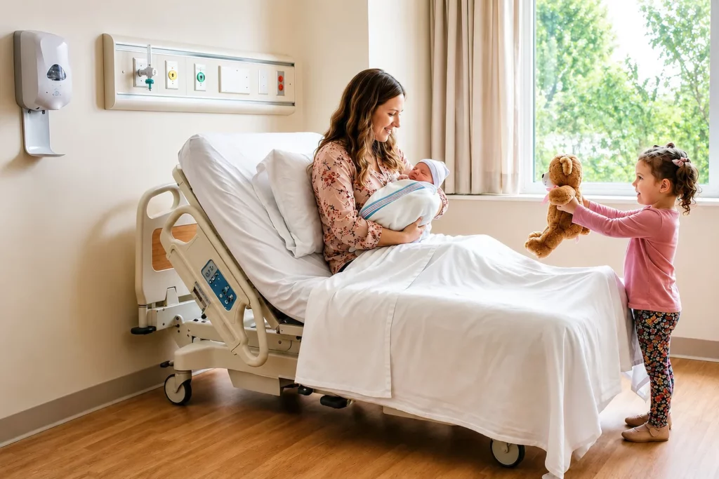 Mädchen überreicht der Mama mit Neugeborenem im Krankenhaus einen Teddy