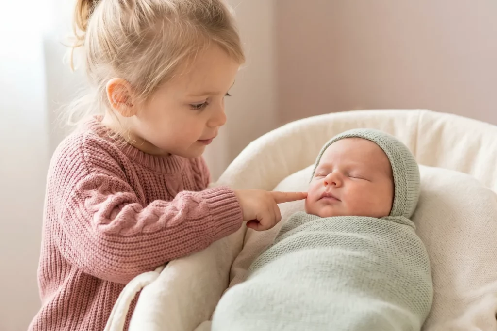 Kleines Mädchen im rosa Pullover streichelt die Wange eines schlafenden Babys